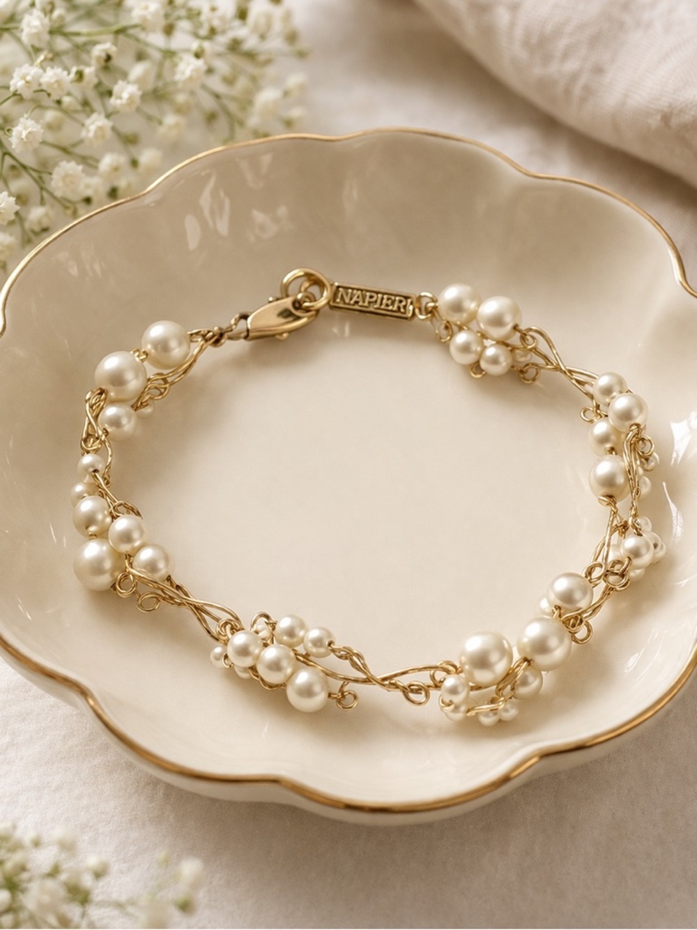 Vintage Napier Faux Pearl Clusters Gold-Tone Bracelet~Elegant